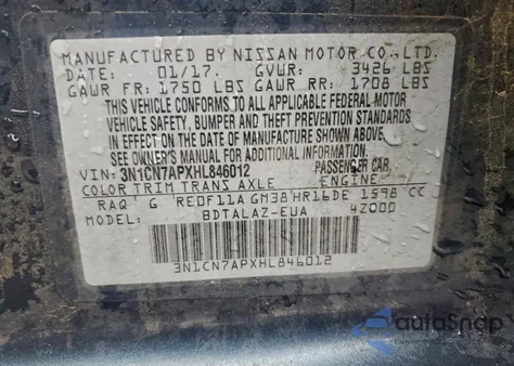 2017 Nissan Versa S z USA, uszkodzony, nr VIN 3N1CN7APXHL846012